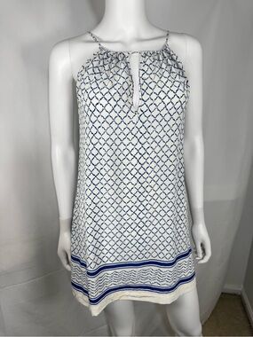 Hush 100% Silk Geometric Halter Shift Mini Dress Blue White Keyhole S/M